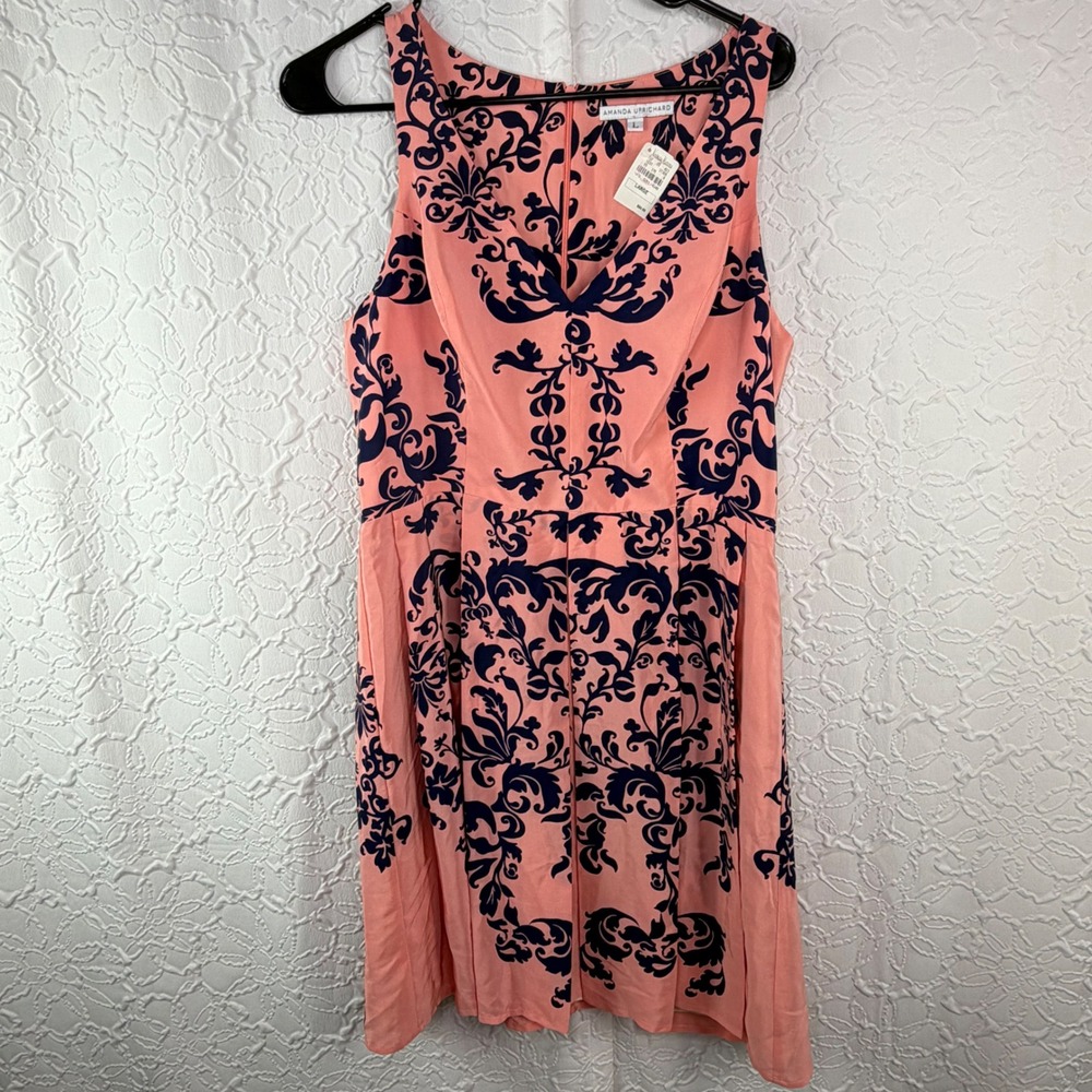 Amanda Uprichard Damask V-Neck Dress Sleeveless Coral Navy